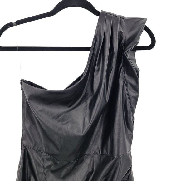 Entro Vegan Faux Leather One Shoulder Mini Dress M Black Ruffle Sexy Cocktail - Picture 4 of 12